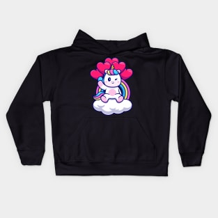 Cute Unicorn Sitting On Cloud With Rainbow And Love  Balloon Cartoon Kids Hoodie